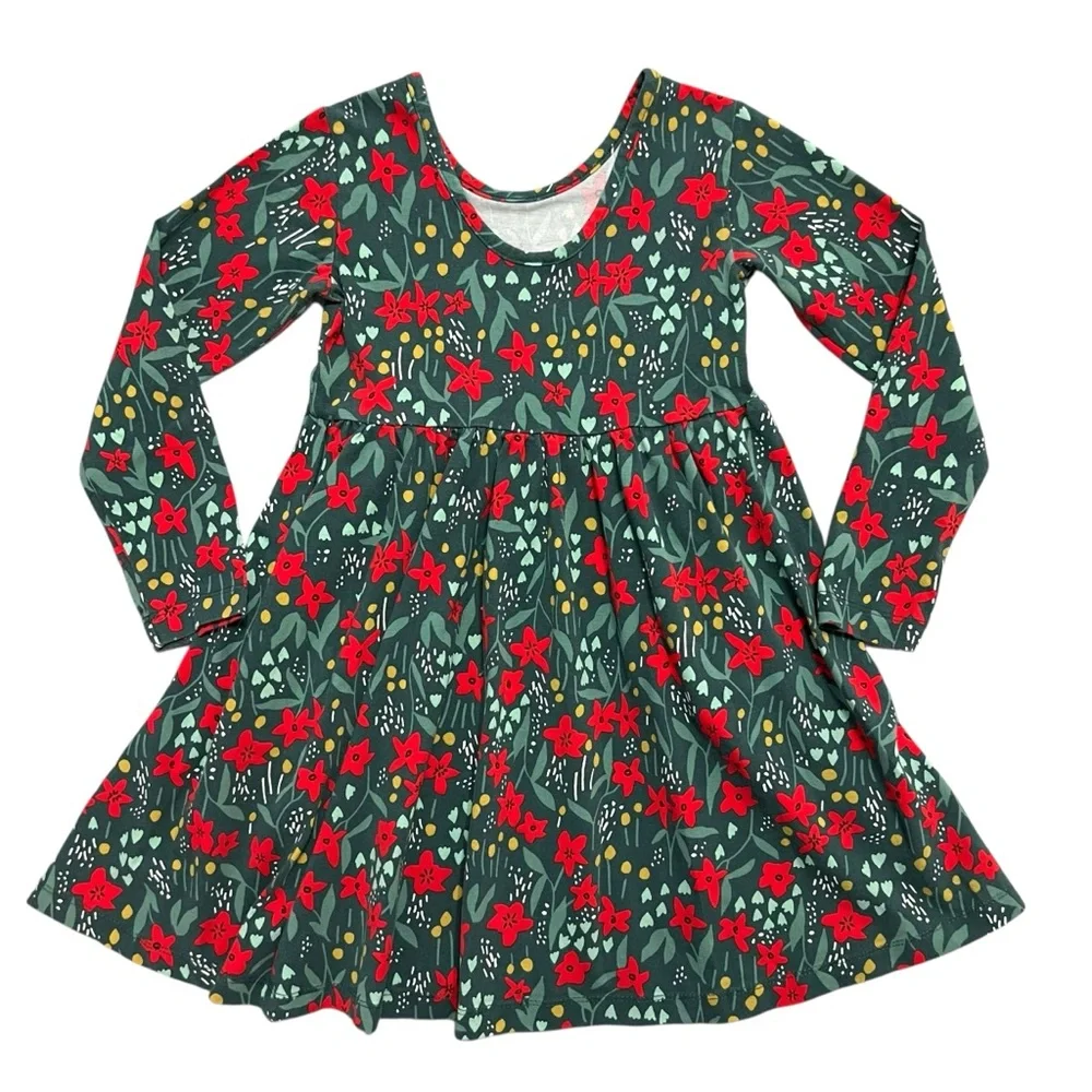 Hanna Andersson Sz 110 (5) Christmas Poinsettia Green & Red Holiday Twirl Dress